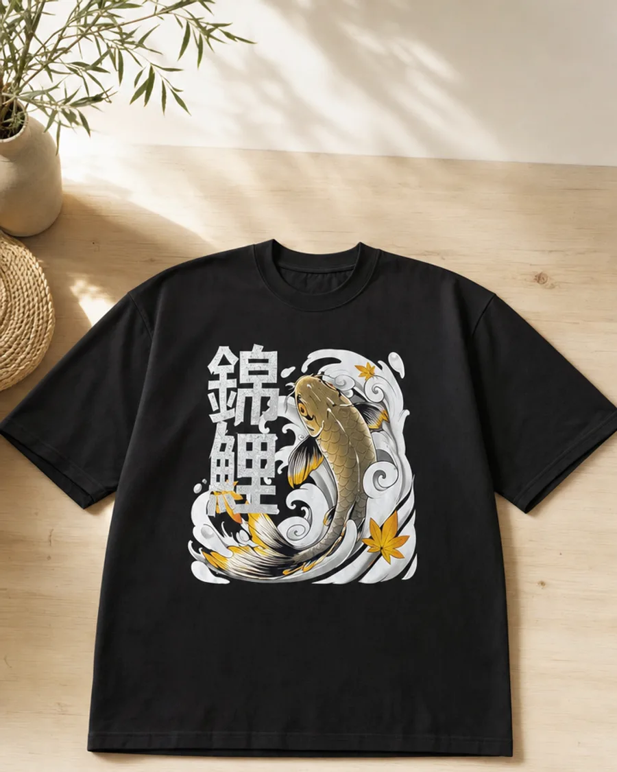 Black graphic tee — golden koi fish with 錦鯉 kanji and blue waves, Japanese irezumi style