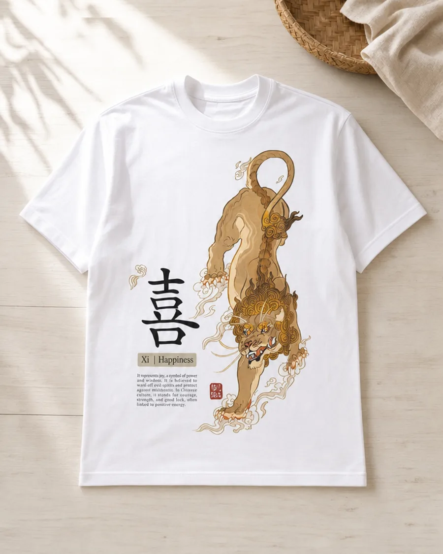 White graphic tee — golden tiger with Asian kanji lettering, vintage heritage design