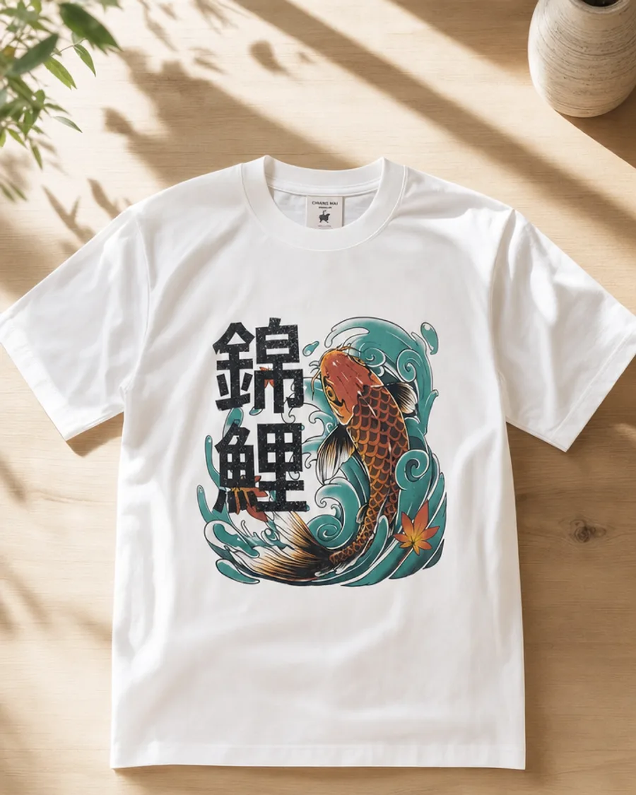 White graphic tee — colourful koi fish with 錦鯉 kanji and teal waves