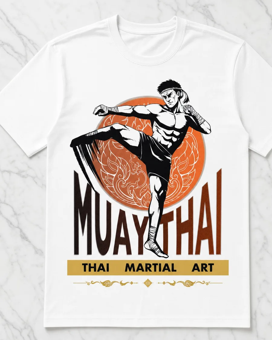 White graphic tee — Muay Thai fighter, 'Muay Thai · Thai Martial Art'