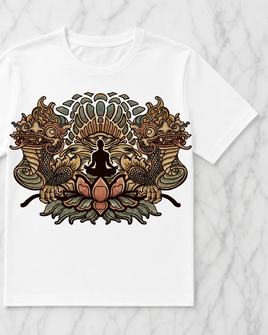 White graphic tee — ornate Thai naga and lotus deity artwork in gold